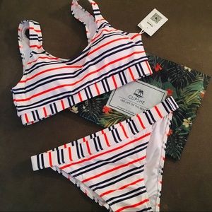 Navy/orange/white striped bikini